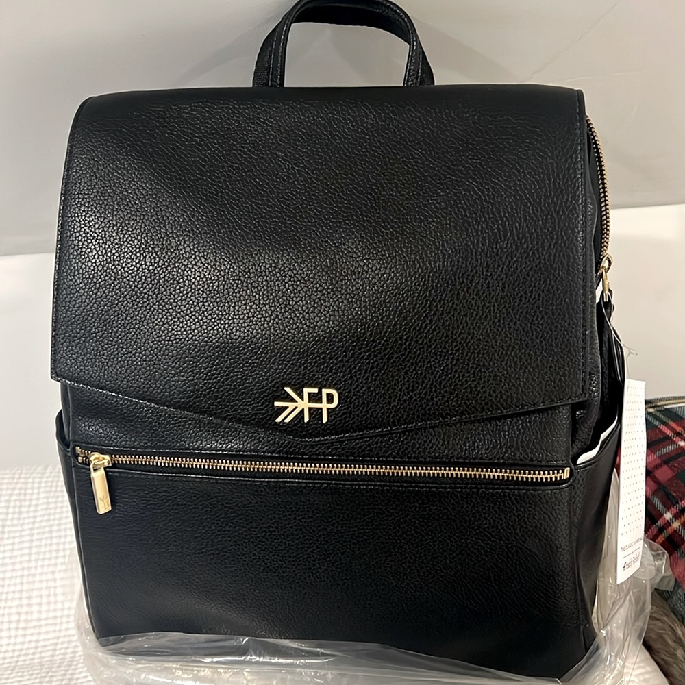 Freshly Picked Black Leather-Look Backpack Diaper Bag with Gold Accents